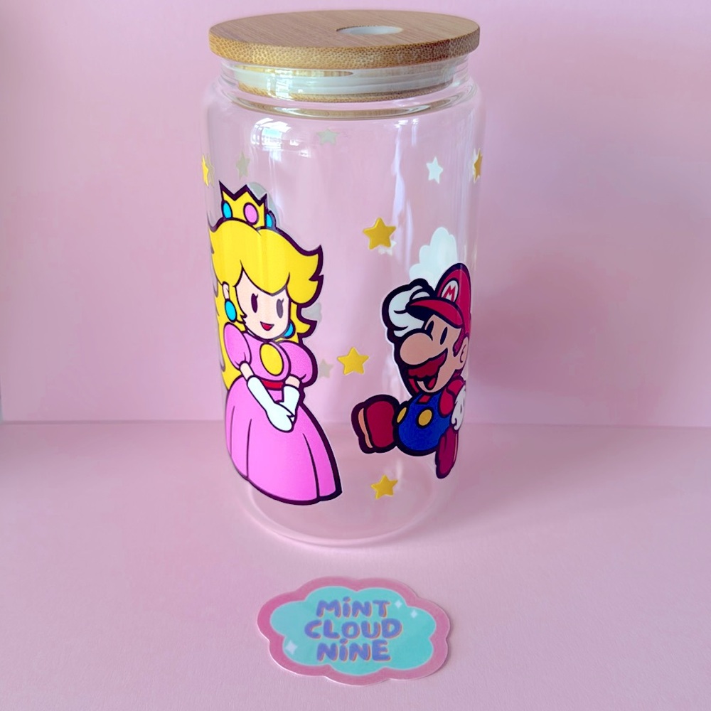 ❗️CAN GLASS CUP BAMBOO LID & STAINLESS STEEL STRAW - MARIO FRIENDS
